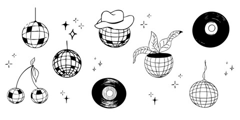 Disco ball doodle line tattoo y2k coquette trendy groovy decoration. Retro dance party line hand drawn design elements. Disco ball with stars, sketch