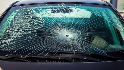 Obraz premium Windshield damage caused by flying debris in an urban area during the day