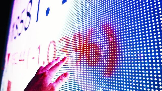 Man finger showing digital screen with graphs and charts stock market. Concept of investing money on shares, analyzing stock market and financial, slow motion