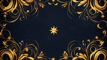 Dark navy blue background with golden swirling floral patterns and symmetrical star motifs for Eid decor