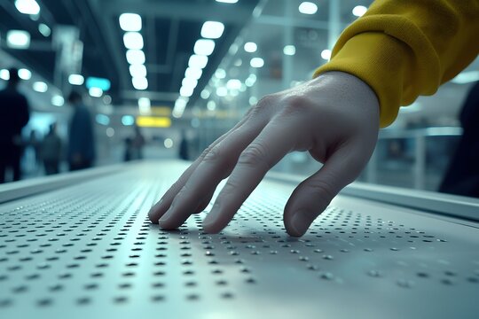 Navigating the World: A close-up shot of a hand tracing the tactile dots of Braille, showcasing the importance of accessibility and inclusivity in public spaces. 