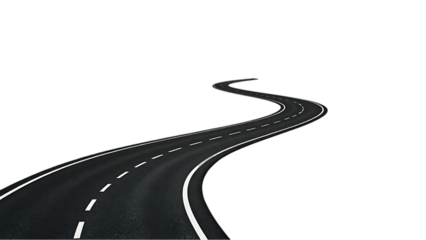 A winding road curves out of view hinting at themes of travel, paths, or journeys