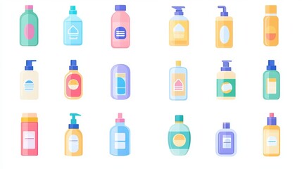 A set of micellar water icons featuring a diverse collection of cosmetic bottles in various designs, ideal for lotions, creams, and oils, perfect for beauty and skincare applications.
