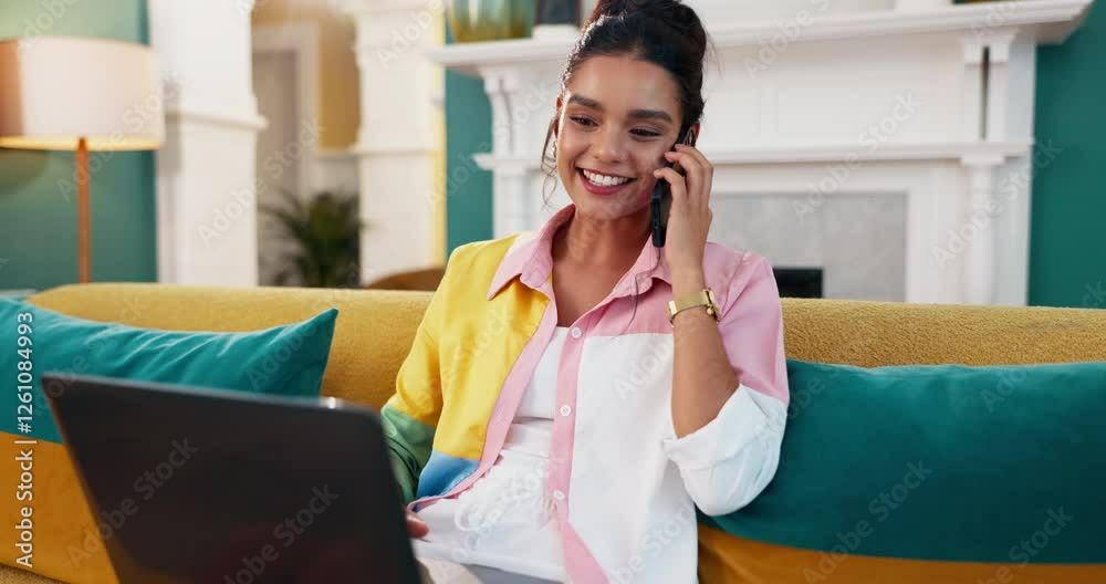 Poster phone call, laptop and remote work with woman on sofa for networking, client feedback and email upda