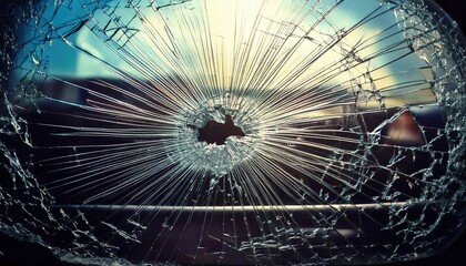 Broken glass with cracks reflecting sunlight over an urban landscape at sunset