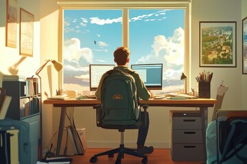 Man works at desk overlooking sunny cityscape.