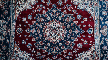 Naklejka premium A close-up of an intricate Persian rug, its deep reds and blues forming mesmerizing patterns with soft fibers that appear rich and textured.