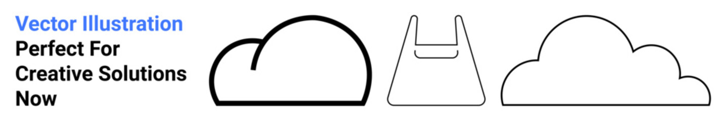 Simple black outline illustrations of a cloud, funnel, and additional cloud icon in a minimal style. Ideal for data storage, creativity, innovation, marketing, digital solutions, brainstorming flat