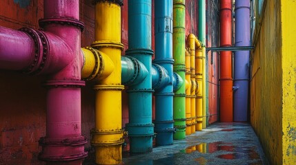 Colorful industrial pipes line vibrant alleyway