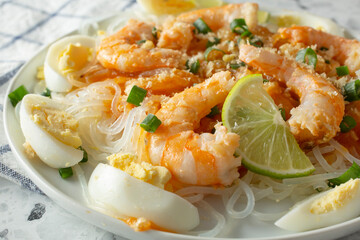 A closeup view of a plate of pancit palabok.
