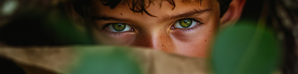 Fototapeta premium Close-up Portrait of Boy with Green Eyes Partially Obscured by Foliage