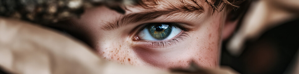 Obraz premium Close-up Photograph of a Boy's Eye Partially Hidden by Fabric