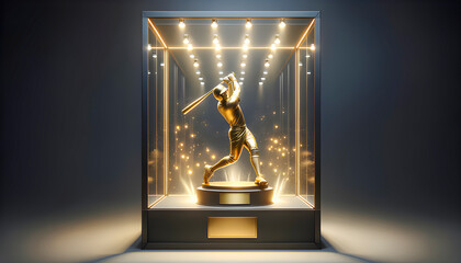 a sleek, shiny chrome baseball trophy is showcased in a glass display case, backlit to highlight its polished surface, symbolizing achievement and excellence in sports