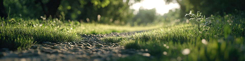 Naklejka premium Gravel Path and Grass in a Forest Setting
