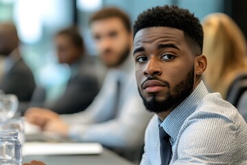 Focused and Determined: A young black businessman in a crisp, light blue shirt and a dark tie looks directly at the camera with a focused expression.