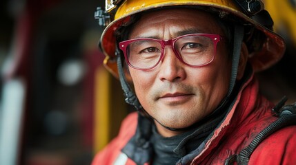 Fototapeta premium Dedicated firefighter showcases resilience and focus during emergency response in an urban setting under afternoon light