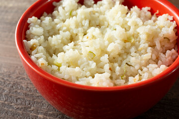 A closeup view of a bowl of garlic rice.