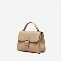 Elegant beige handbag with buckle design on white background