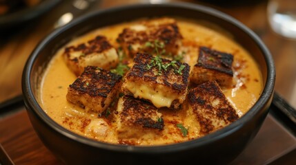 Creamy tomato soup topped with grilled cheese croutons in a black bowl