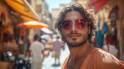 Obraz premium Captivating young man enjoying the vibrant atmosphere of a bustling market street in early afternoon sunlight