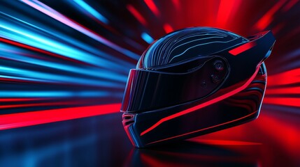 Fototapeta premium Futuristic racing helmet illuminated by neon light, showcasing vibrant color and motion effects
