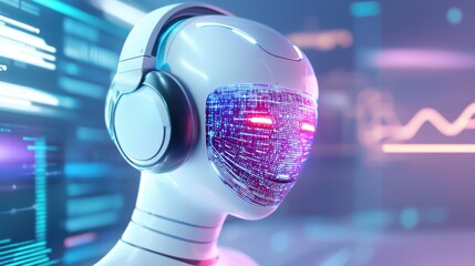 A futuristic AI assistant represented as a glowing holographic face, floating in a digital environment, voice controlled data streams forming interactive