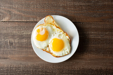 A top down view of a plate of fried eggs.