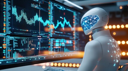 A futuristic AI driven financial hub where floating holographic charts display real time stock market data, neural networks analyzing patterns
