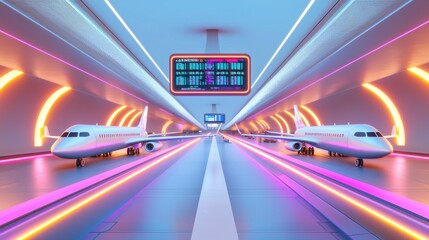 Fototapeta premium A futuristic hyper airport with glowing neon high speed planes, AI powered self check in stations, floating holographic departure boards, ultra modern