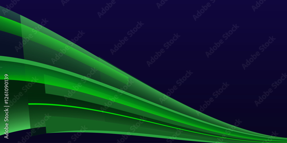 Poster Green speed line wavy shape on dark background. High speed green waves for eco-design. Laser beams luminous abstract sparkling isolated on a transparent background