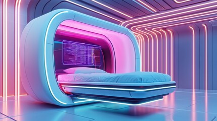 A futuristic sleep pod with glowing neon dream simulation interface, AI generated immersive dreamscapes, smart biometric sensors optimizing deep rest