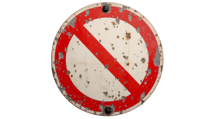 Vintage Weathered No Entry Sign with Rust and Peeling Paint Circular Design Isolated on a Transparent Background PNG.
