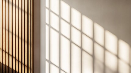 Wooden slats and window pane shadows on a wall