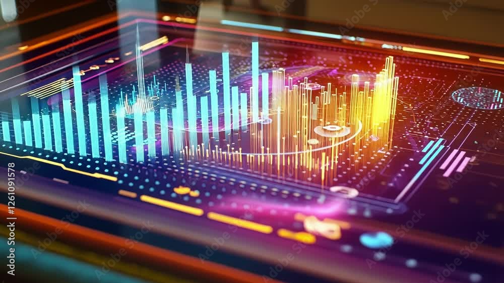 Fototapete Glowing charts and graphs are displayed on a futuristic heads up display - hud - , visualizing complex data analysis and statistics in a high tech environment