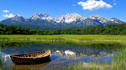 Obraz premium Serene mountain lake with rowboat, sunny day, tranquil landscape, perfect for travel brochures