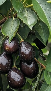 Fresh black sapote fruits with raindrops hanging from lush green leaves in a tropical environment during morning light