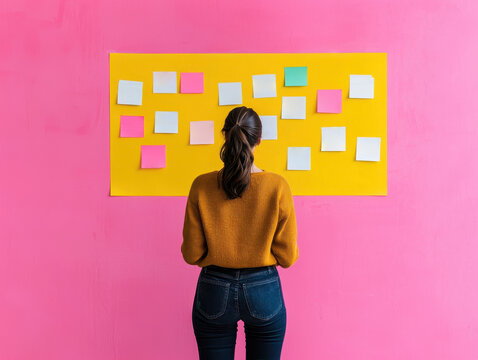 Business branding and operations. A person analyzes colorful sticky notes on a yellow board against a pink wall.
