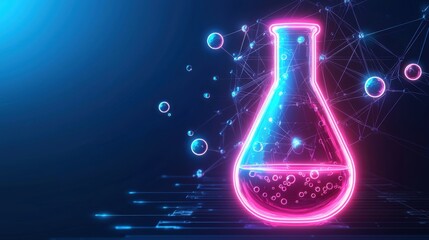 A neon chemistry flask icon, glowing pink and blue, bubbling liquid, floating molecular particles, digital holographic display, sleek scientific design
