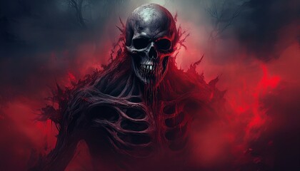 심연 속에서 깨어나는 듯한 거대한 해골, 검붉은 안개가 주변을 감싸며 사악한 기운을 내뿜고 있다