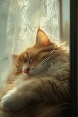 Fluffy ginger cat naps sunlit windowsill