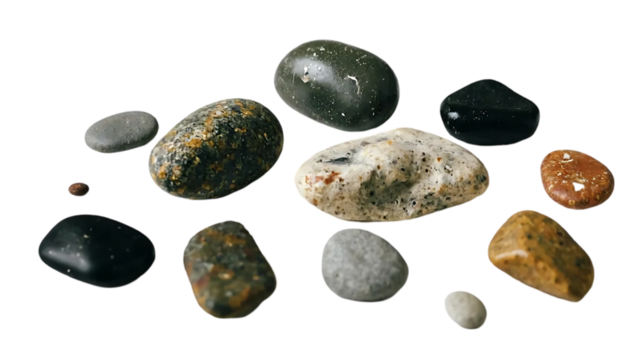 A collection of smooth gray rocks are scattered on transparent background