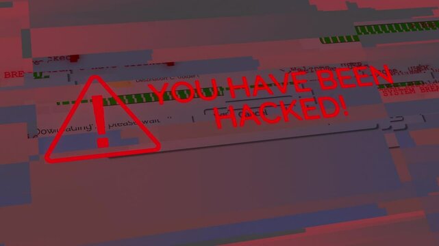 User clicks download, downloading... error: system infected, control lost. Hacking message. System compromised. Malicious file executed. System breach, software hacking and virus code concept.