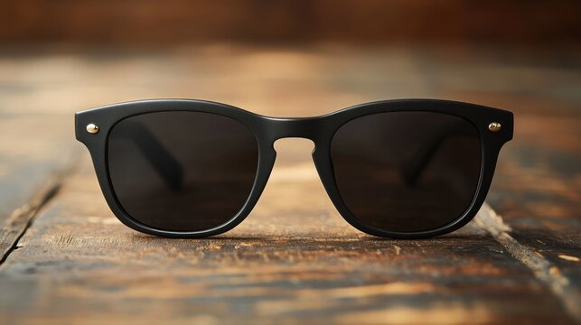 Stylish black sunglasses resting on a rustic wooden surface, capturing the essence of modern elegance and summer vibes