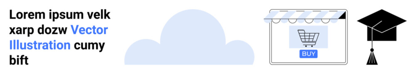 Cloud connection, online shopping with storefront and graduation cap. Ideal for education, e-commerce, technology, cloud computing, digital transition, online courses, flat landing page banner