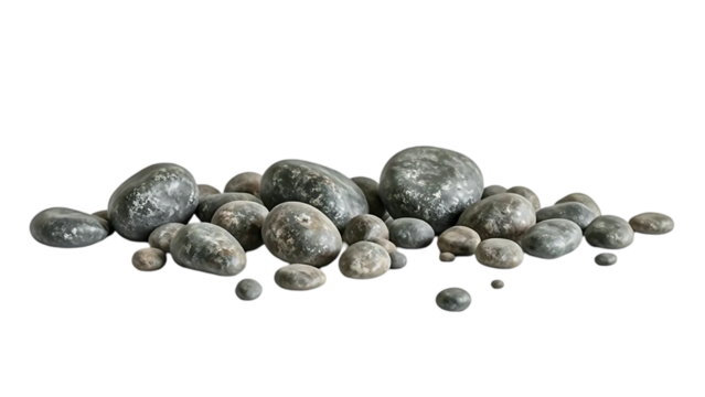 A collection of smooth gray rocks are scattered on transparent background