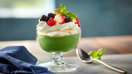 Organic matcha dessert. Delicious layered dessert with berries and cream in a glass bowl.