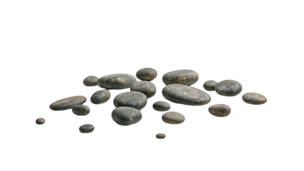 A collection of smooth gray rocks are scattered on transparent background