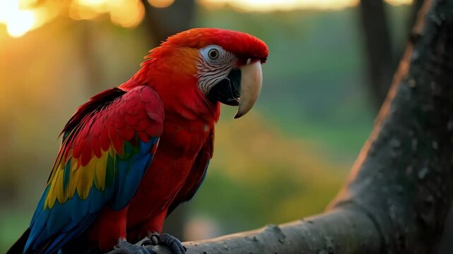 Tropical macaw perched on a branch during sunset, showcasing its stunning plumage in a natural setting. Parakeet animal in the wild. Parrot mccaw. Sunny day pet.
