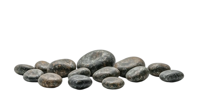 A collection of smooth gray rocks are scattered on transparent background