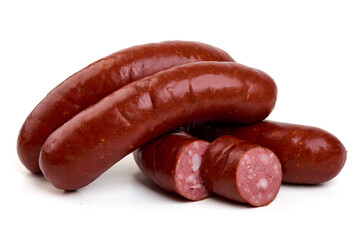 Grilled german bratwurst sausages, isolated on white background.